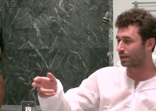 Long haired tanned milf Ava Addams with juicy knockers gets on her knees and gives head to dirty James Deen with huge sausage before he drills deep her smoking hot ass in toilet