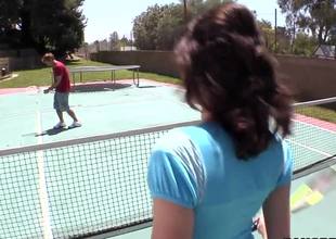 Sexy Katie Angel is the tennis instructor, her new pupil is really hunky and when he flirts with her she strips him nude and blows him on the tennis court. They go back and he fucks her in every known position manageable.